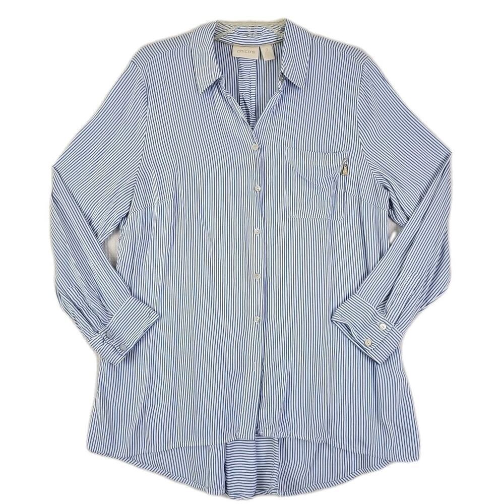 Chico's ~Woman Size 2 (US 12) ~ White & Blue Striped Button-Up Shirt Blouse LS.